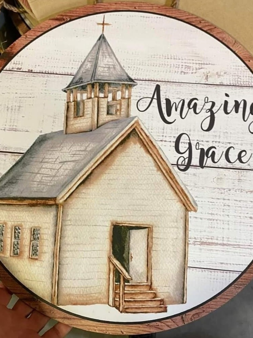 Amazing Grace Church Wood Sign 18x18- White and Gray